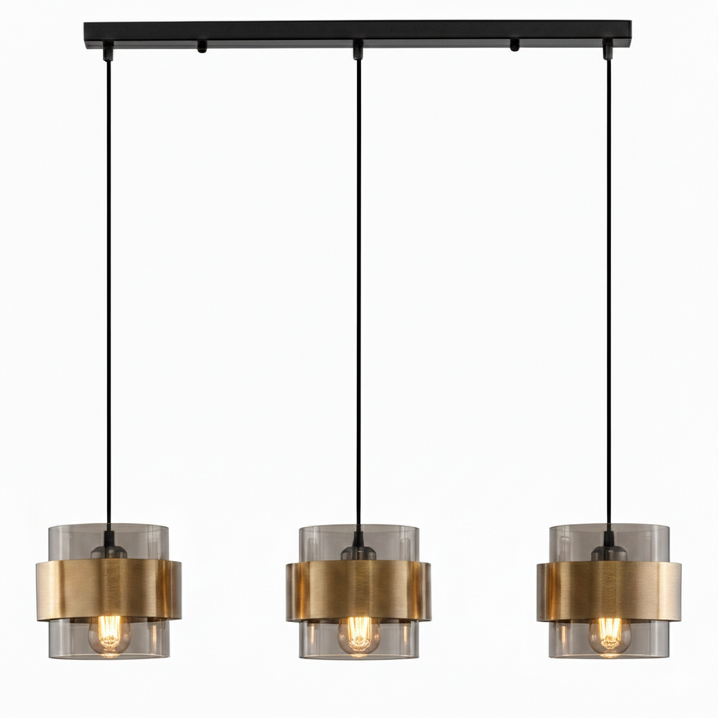 Lustre 3 lampes milley en métal noir et verre fumé anneau de laiton