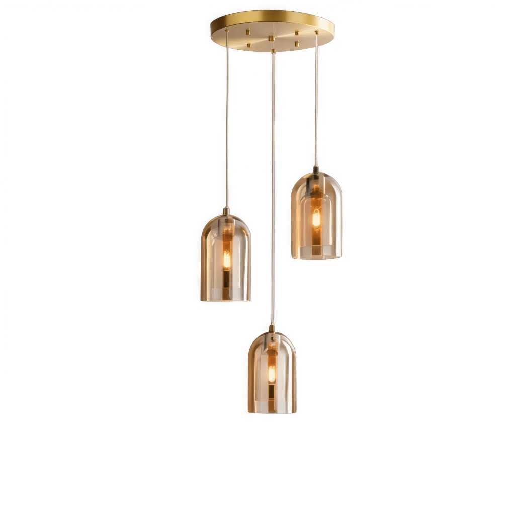Lustre Jani 3 lampes en base rond fil noir et double verre ambré