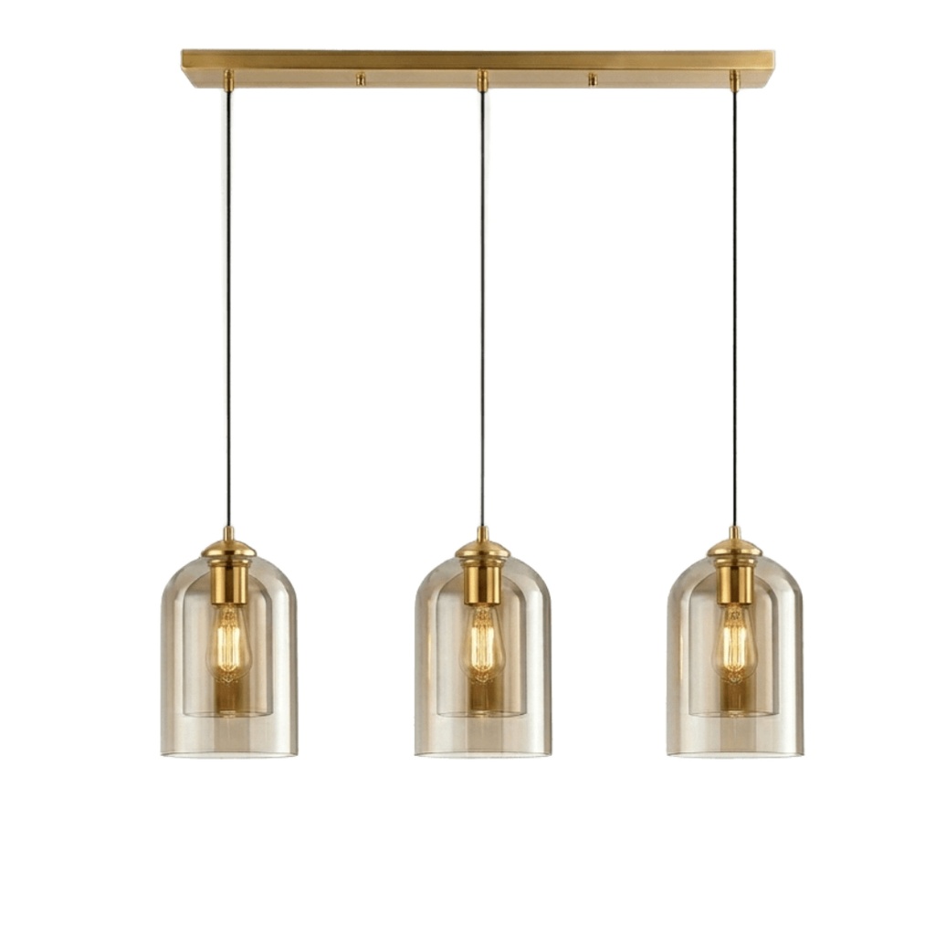 Lustre Jani 3 lampes en base dorée fil noir et double verre ambré