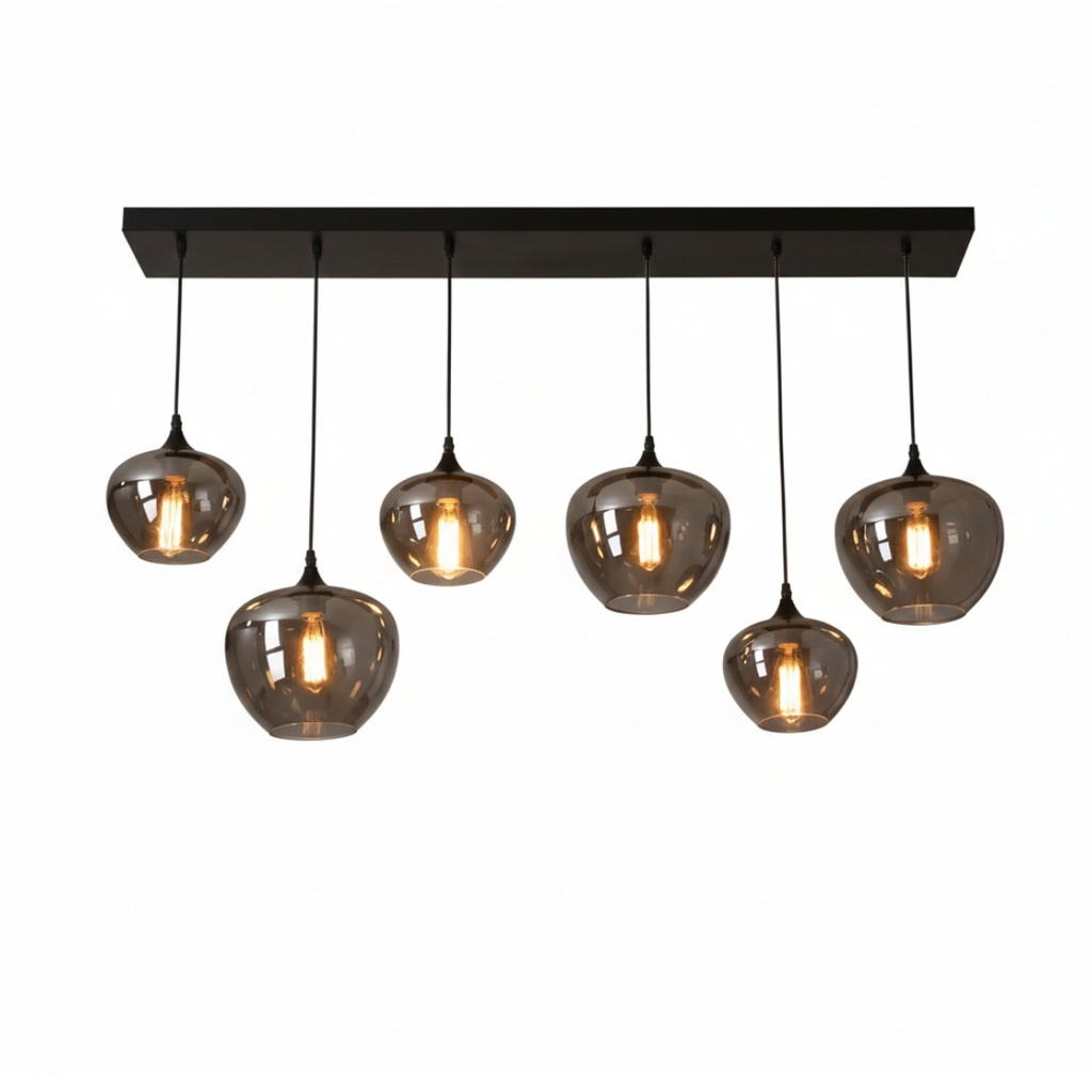 Lustre Frank 6 lampes en métal noir et verre forme de bouteille fumé