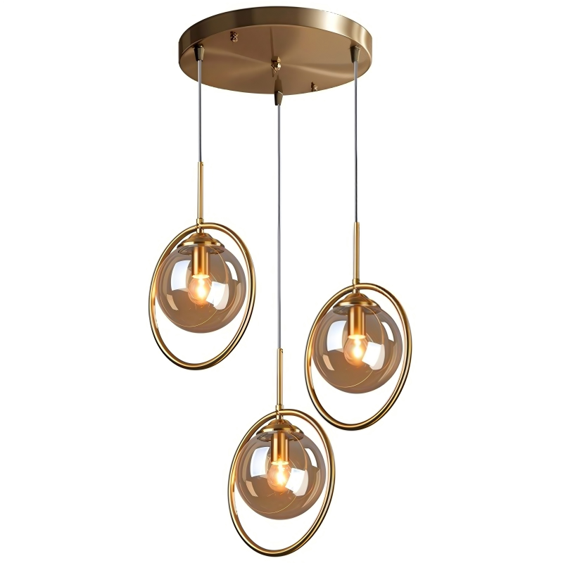 Lustre Industrielle 3 lampes en metal doré et boule en verre