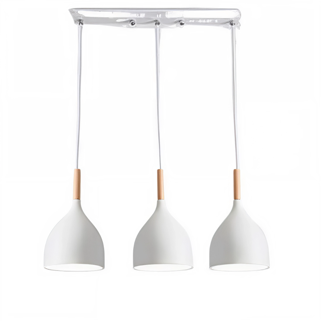 Lustre Macaron 3 lampes en métal blanc et bois naturel