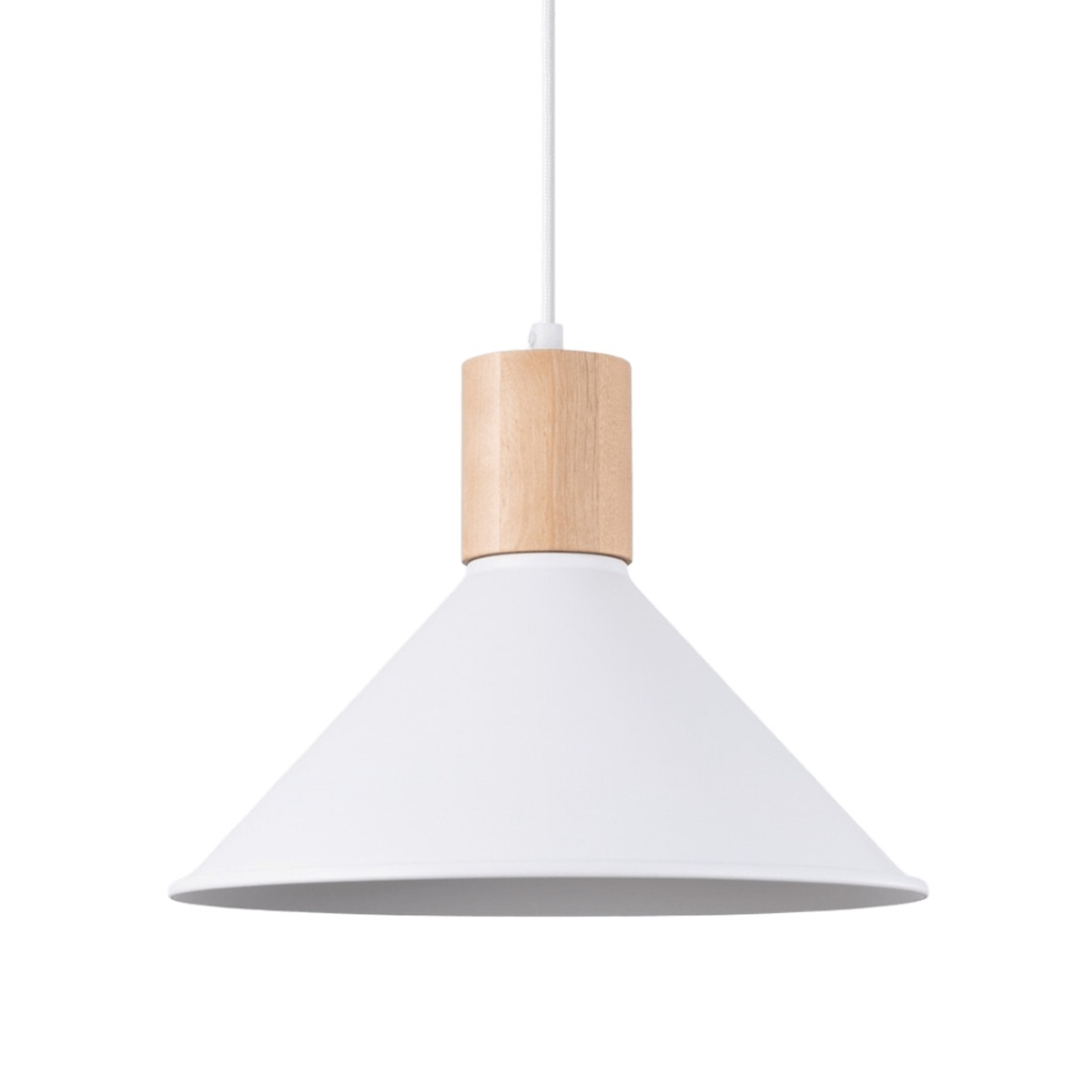 Suspension cône scandinave en métal blanc et bois naturel