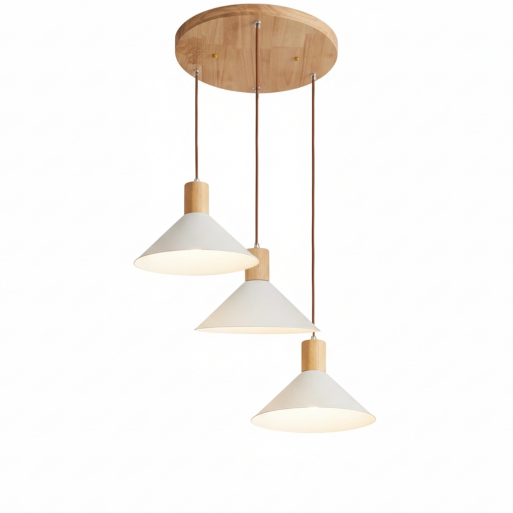 Lustre 3 lampes cône scandinave en métal blanc et bois naturel