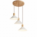 Lustre 3 lampes cône scandinave en métal blanc et bois naturel