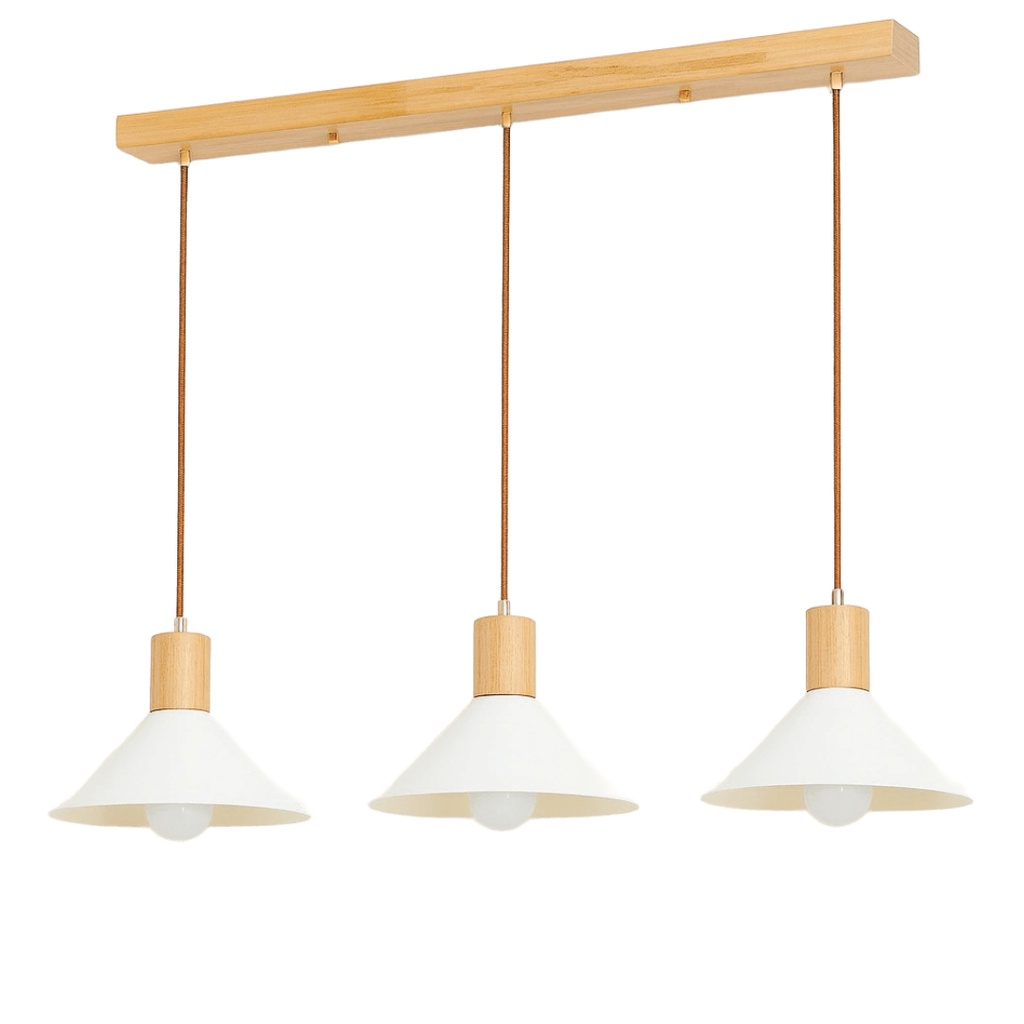 Lustre 3 lampes cône linéaires en métal blanc et bois naturel