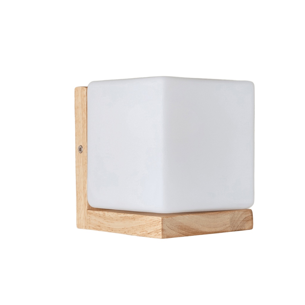 Applique murale frosted vintage en bois et verre cube H14