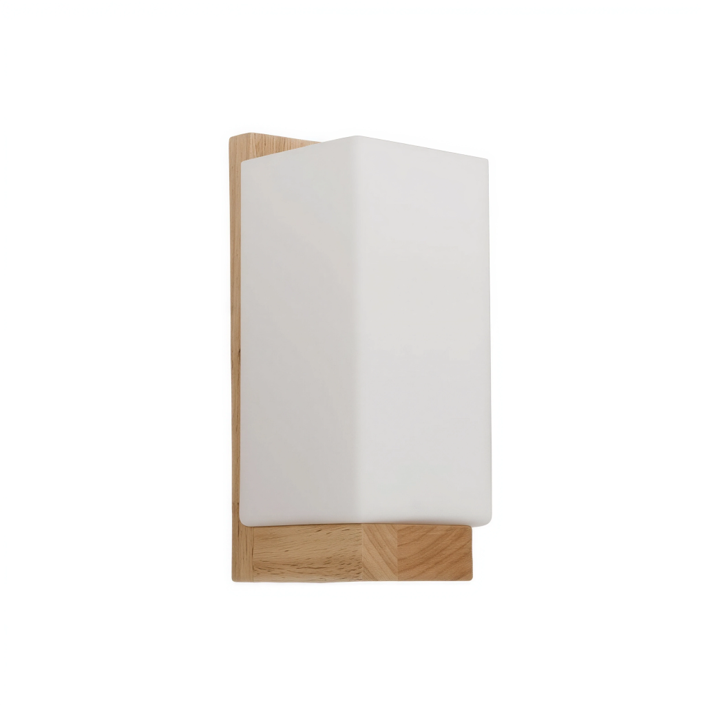 Applique murale frosted vintage en bois et verre cube H20