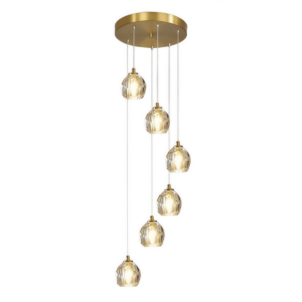 Lustre 6 lampes base ronde dorée, câble transparent et verre cristal