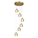 Lustre 6 lampes base ronde dorée, câble transparent et verre cristal