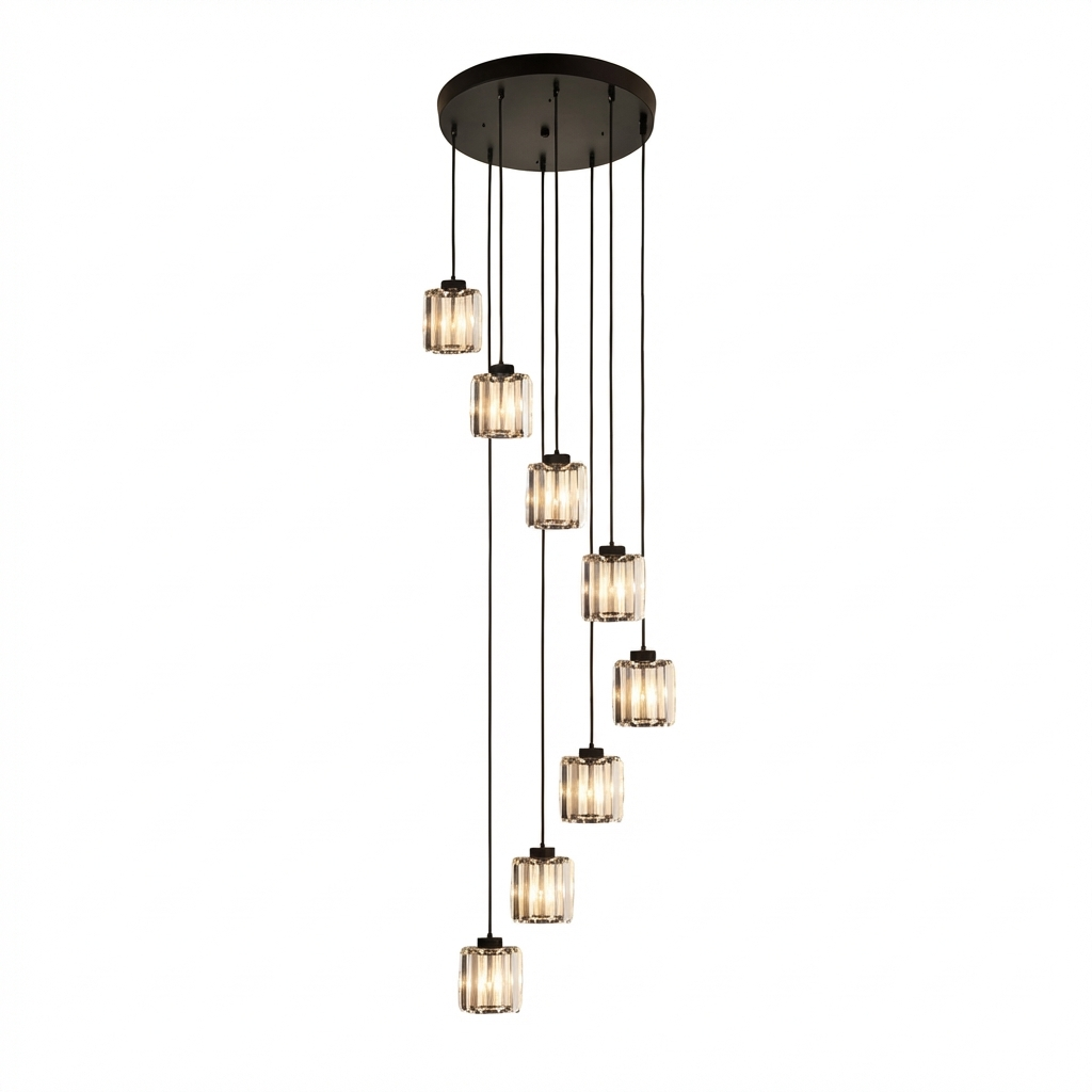 Lustre 8 lampes base ronde noir, câble noir et verre