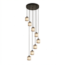 Lustre 8 lampes base ronde noir, câble noir et verre