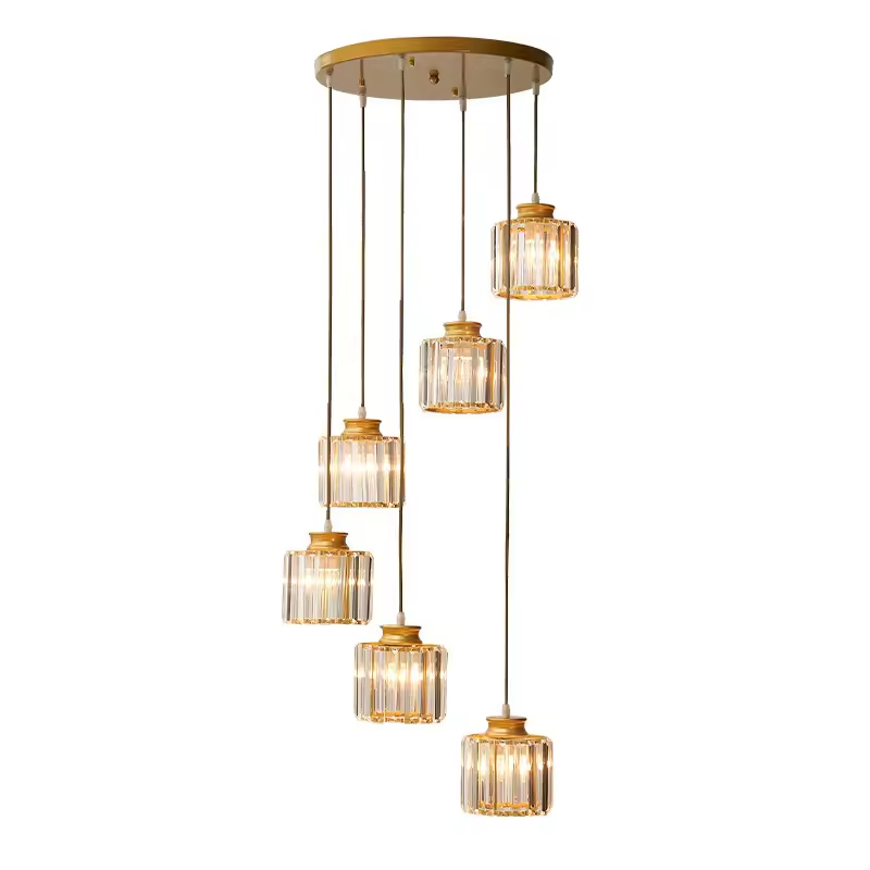 Lustre 6 lampes base ronde dorée, câble blanc et verre
