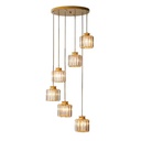 Lustre 6 lampes base ronde dorée, câble blanc et verre