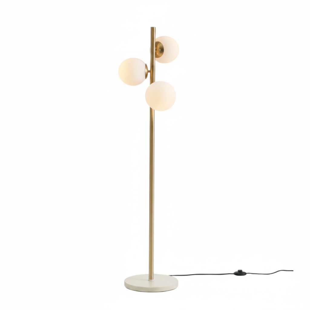 Lampadaire 3 lampes melinda en métal doré avec verres blancs