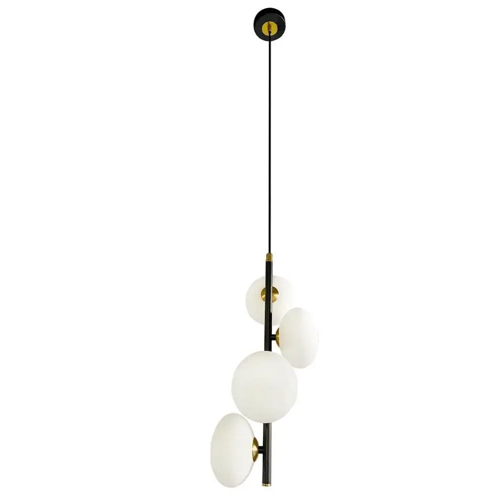 Lustre Lenina 4 lampes en fer finition noir mat avec cuivre or  et verre plat sphérique  