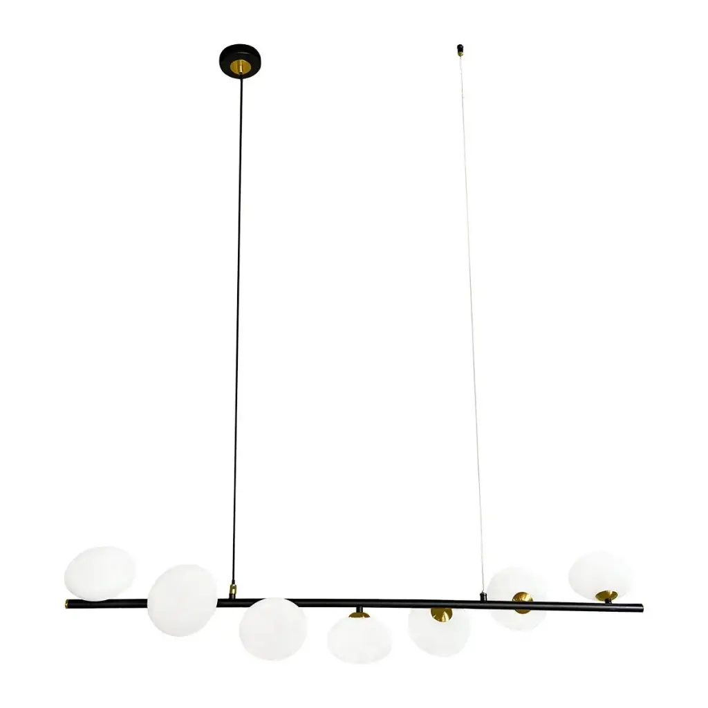 Lustre Lenina 7 lampes en fer finitions noir mat avec cuivre or et verre plat sphérique 
