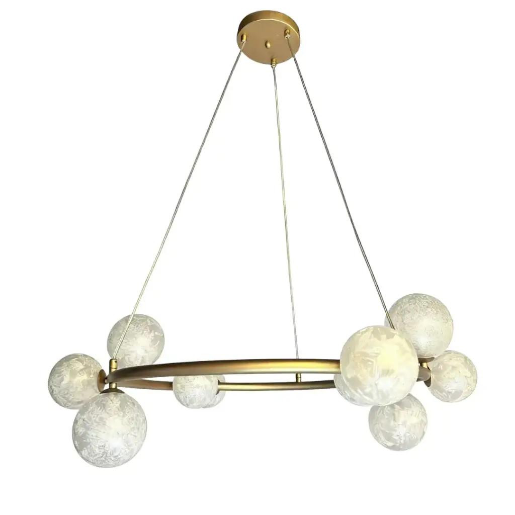 Lustre Carrara 10 lampes en métal base ronde dorée et verre givré 