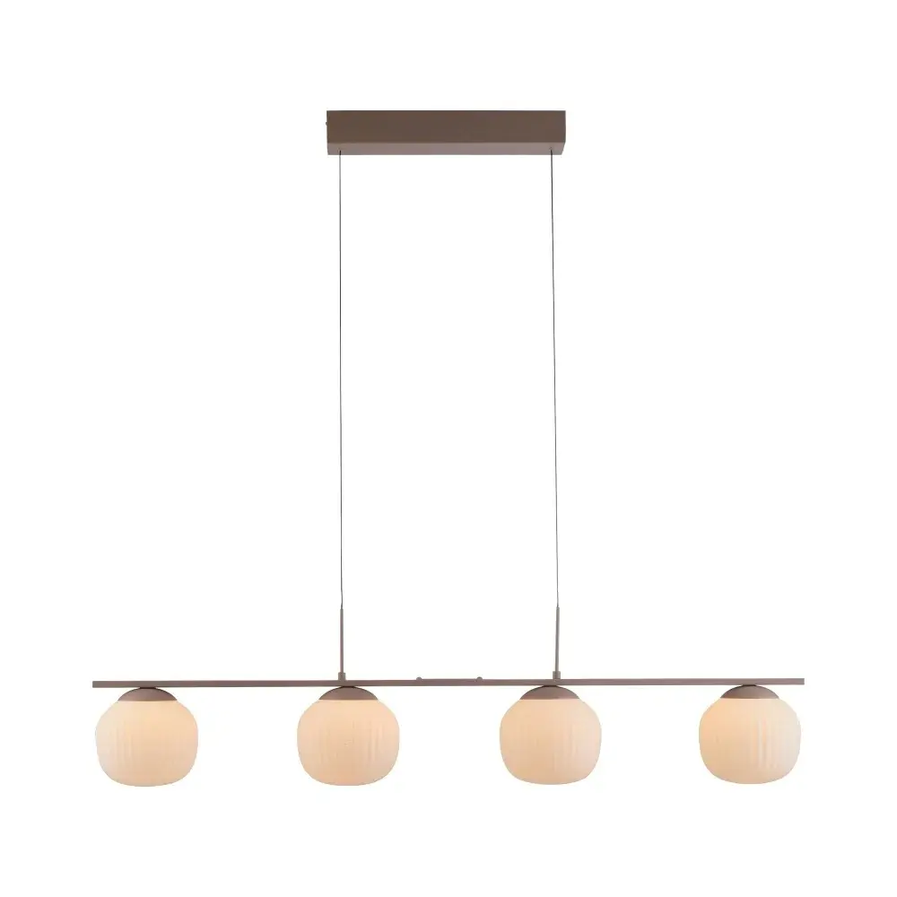 Lustre 4 lampes Novel en métal avec base marron, câble noir et verre blanc opale