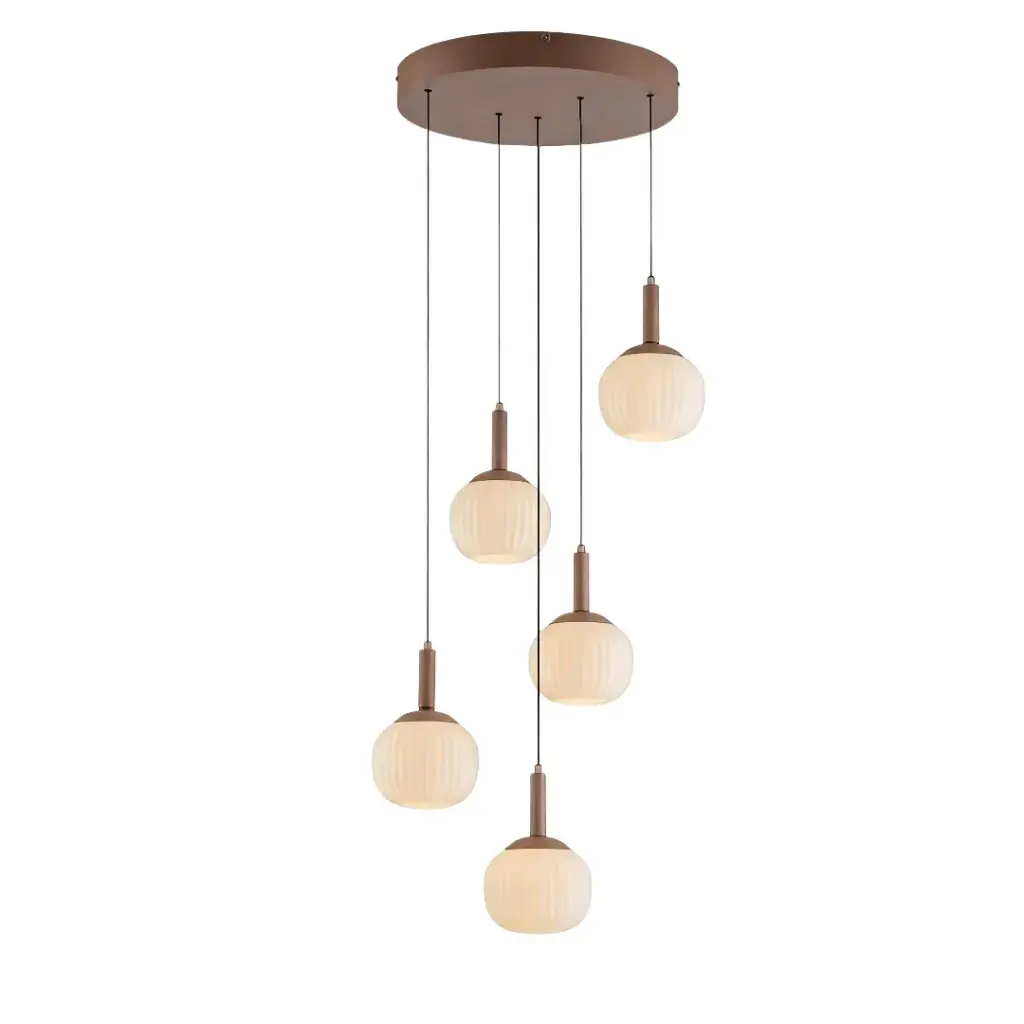 Lustre 5 lampes Novel en métal avec base ronde marron, câble noir et verre blanc opale 