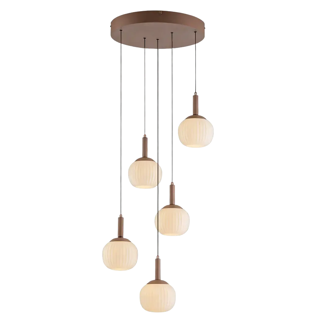 Lustre 5 lampes Novel en métal avec base ronde marron, câble noir et verre blanc opale 