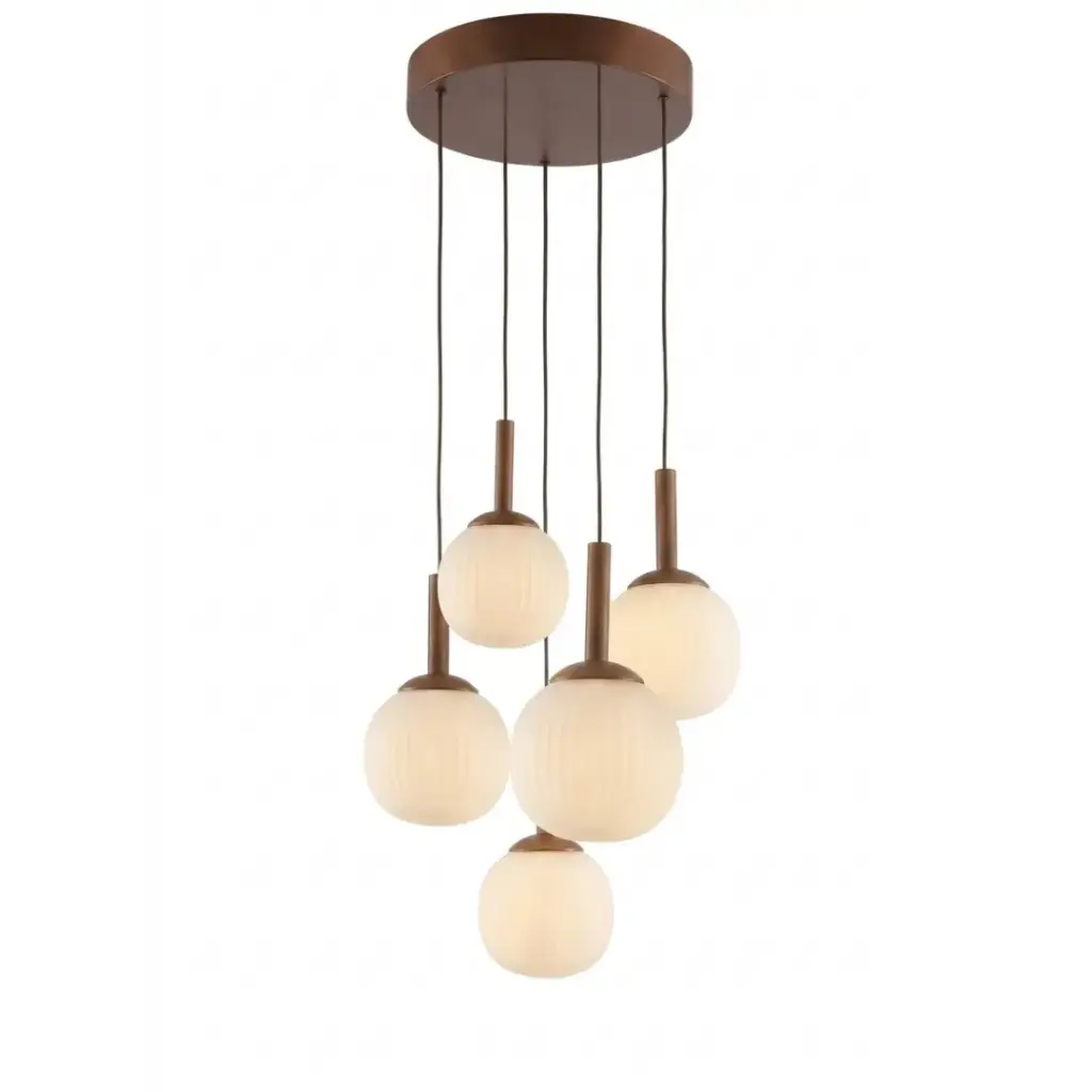 Lustre 5 lampes Novel en métal avec base ronde marron, câble noir et verre blanc opale 