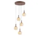 Lustre 5 lampes Novel en métal avec base ronde marron, câble noir et verre blanc opale 