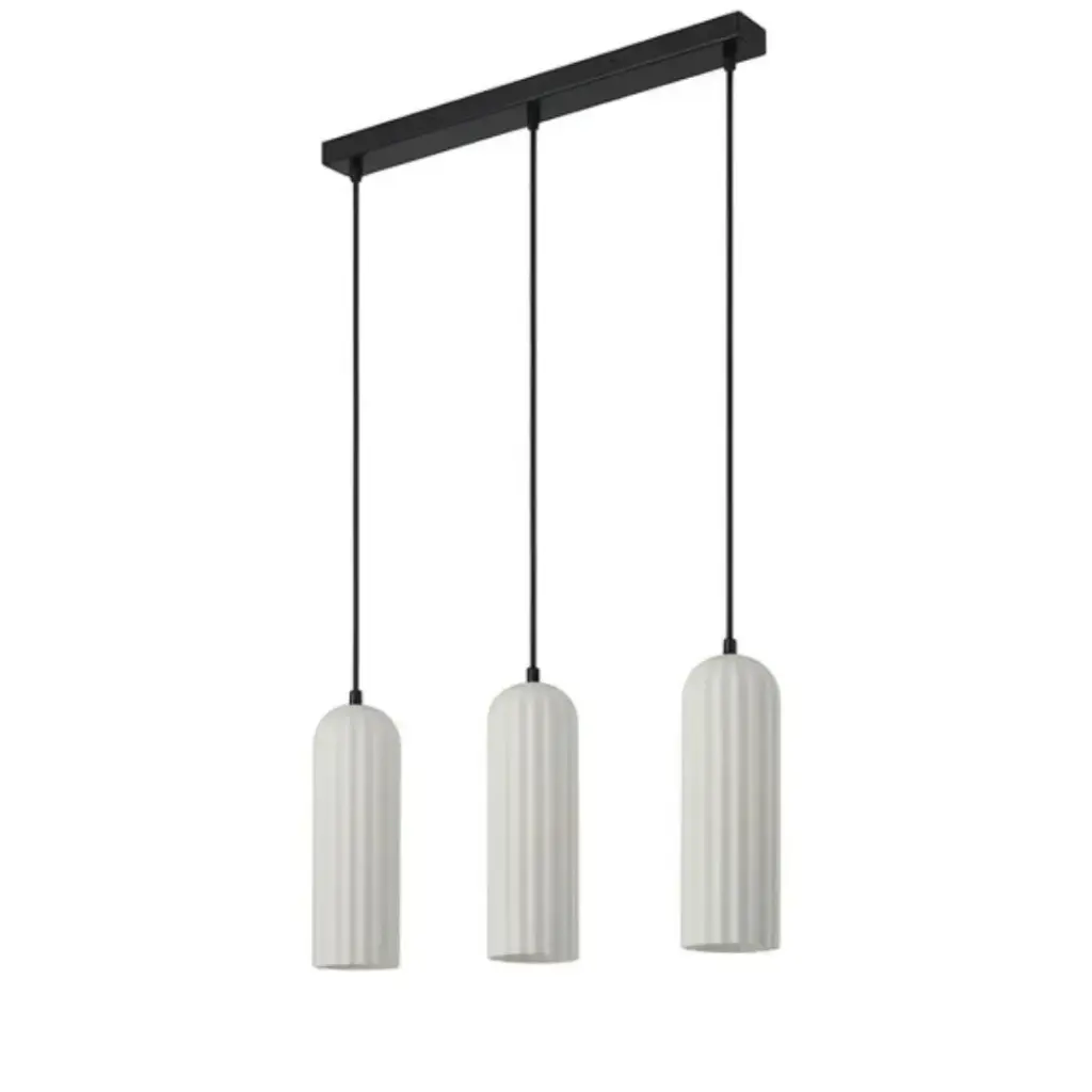Lustre 3 lampes Miella en métal mat, câble noir et abat-jour en verre cannelé 