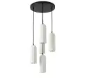 Lustre 5 lampes Miella en métal avec base ronde, câble noir et abat-jour en verre cannelé 