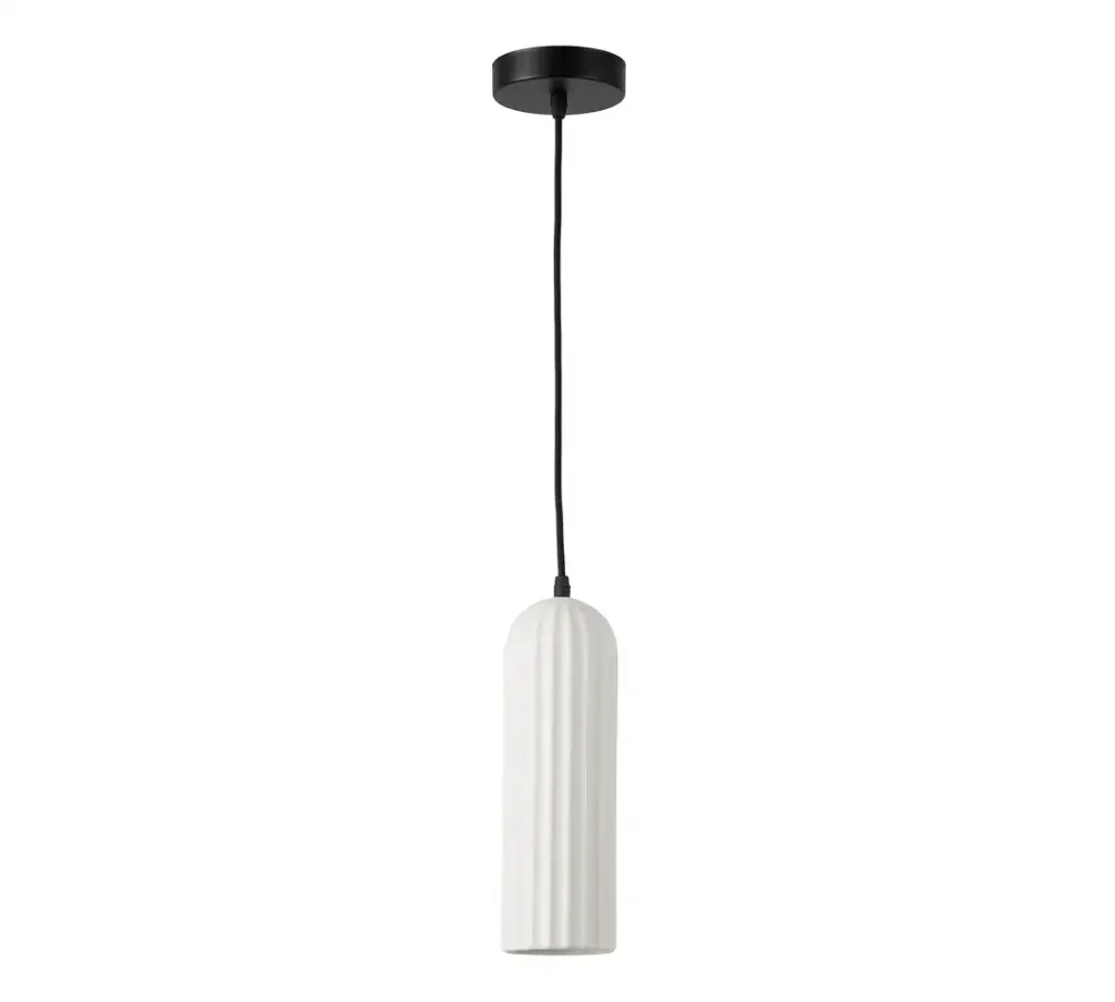 Suspension Miella en métal avec base ronde, câble noir et abat-jour en verre cannelé 