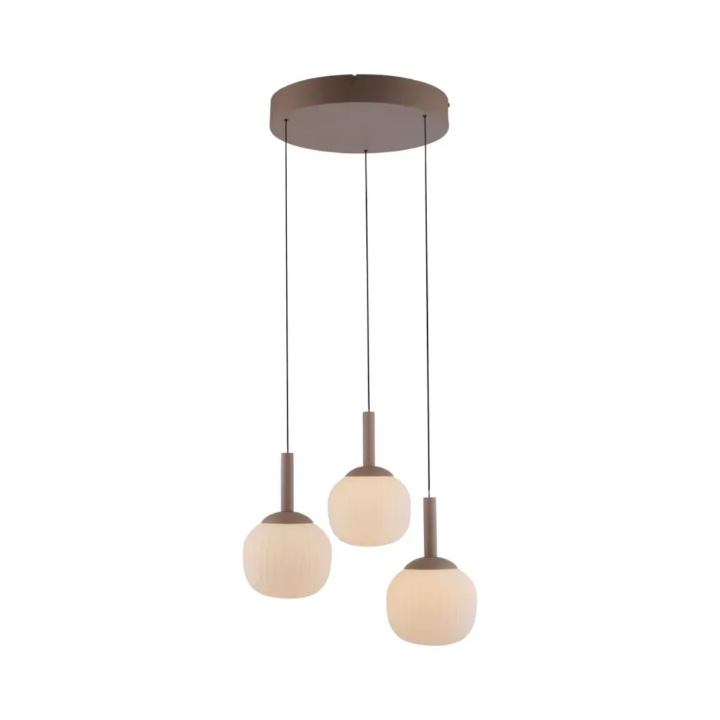 Lustre 3 lampes Novel en métal avec base ronde marron, câble noir et verre blanc opale  