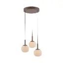 Lustre 3 lampes Novel en métal avec base ronde marron, câble noir et verre blanc opale  