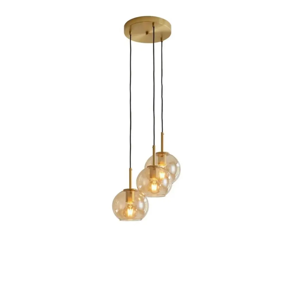 Lustre Gisela 3 lampes en métal base ronde doré et verre ambré 