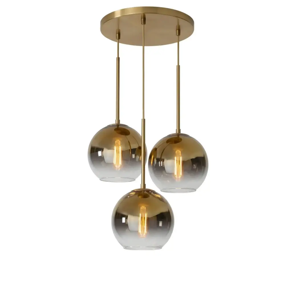 Lustre Gisela 3 lampes en métal base ronde dorée et verre ambré 