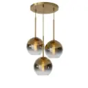 Lustre Gisela 3 lampes en métal base ronde doré et verre ambré 