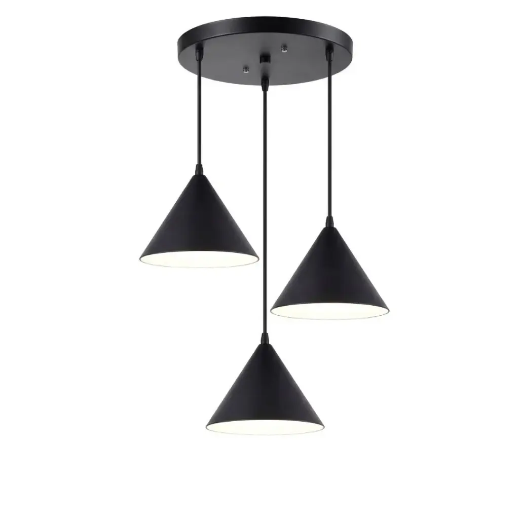 Lustre Incaro 3 lampes avec abat-jour en métal noir et intérieur blanc 