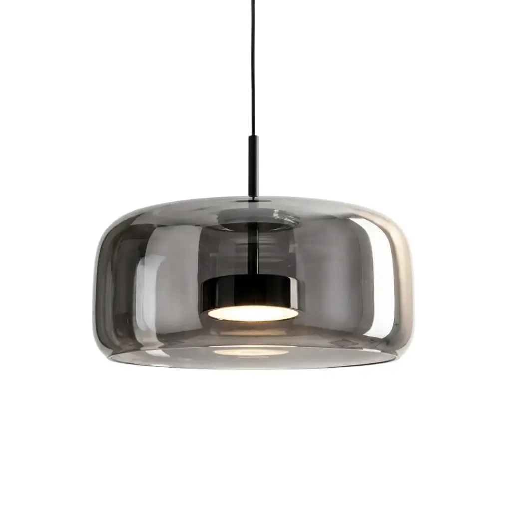 Suspension LED 12W auraglass forme dôme en métal noir et verre gris fumé 