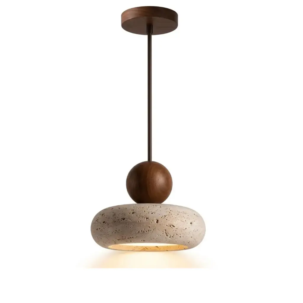 Suspension Travéora wabi-sabi ronde avec abat-jour en pierre naturelle