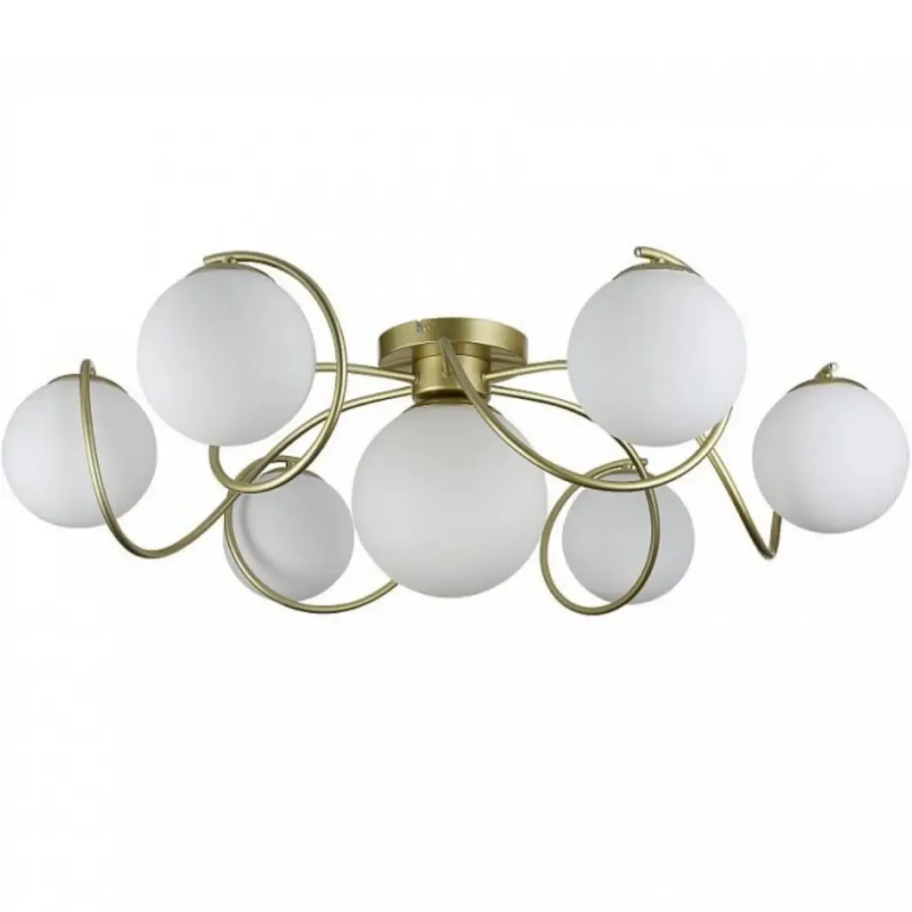 Plafonnier / Lustre 7 lampes Ciala en métal doré et verre blanc