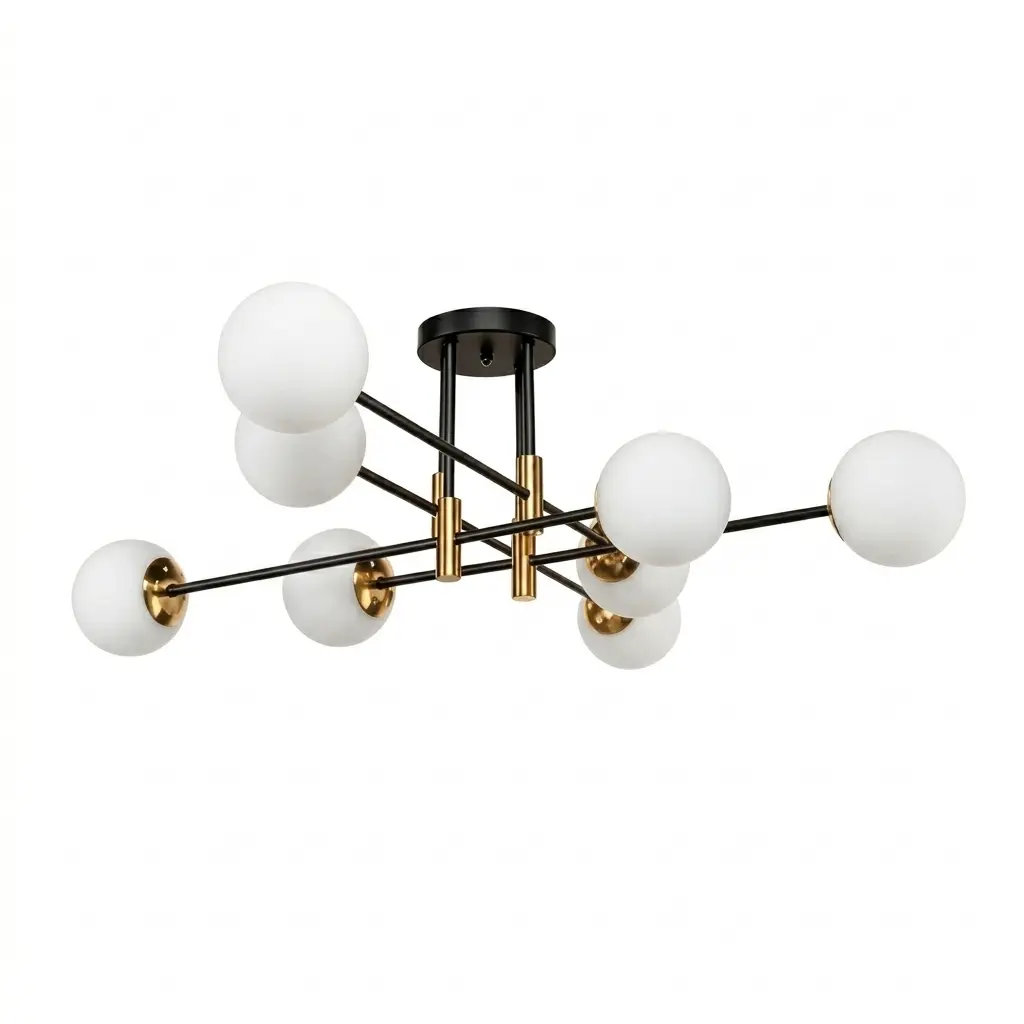 Plafonnier / Lustre 8 lampes Nairobi semi-encastré en métal noir et verre blanc 
