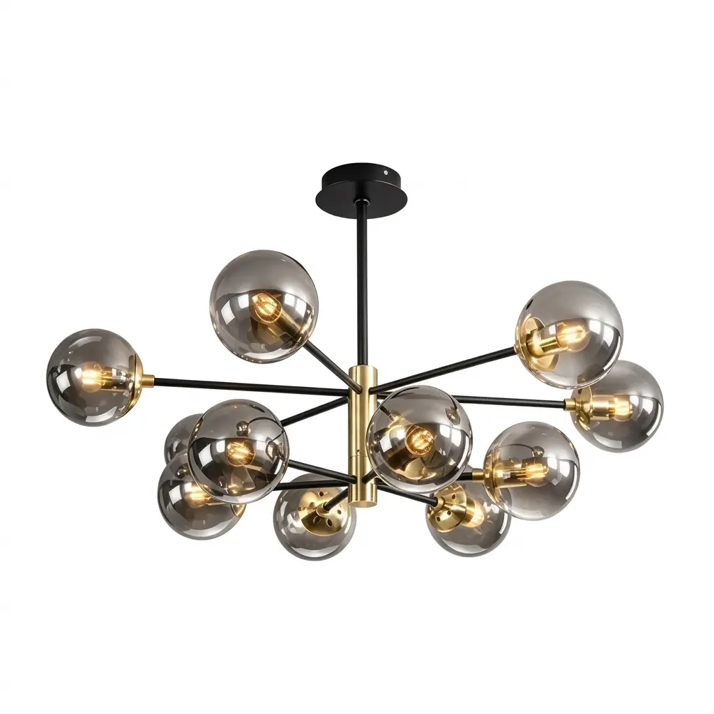Lustre Festra 12 lampes en métal noir et verre gris fumé 