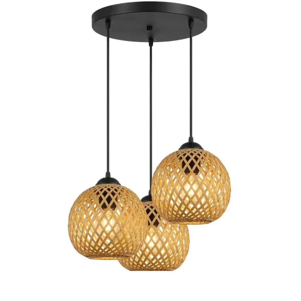  Lustre 3 lampes Basto en bambou de style ferme tressé 