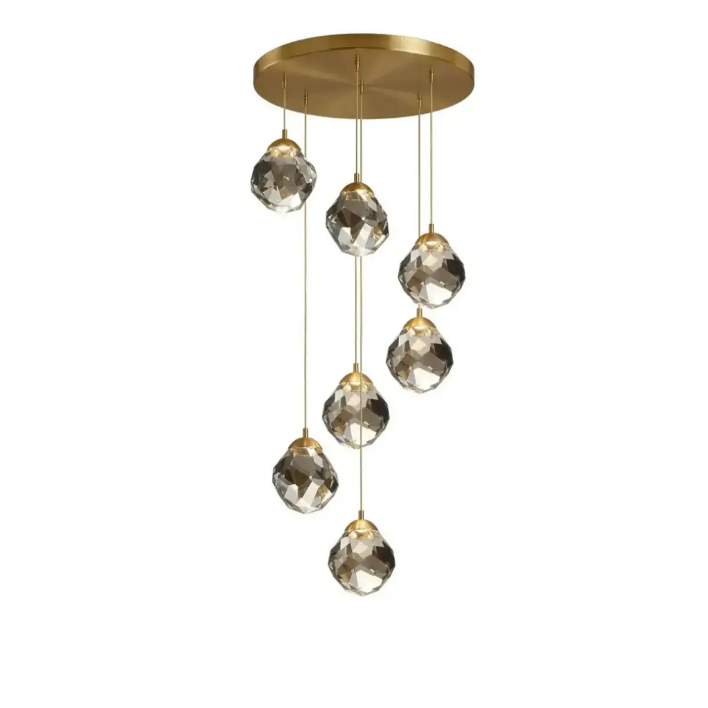 Lustre 7 lampes LED base artistique ronde doré et verre cristal 