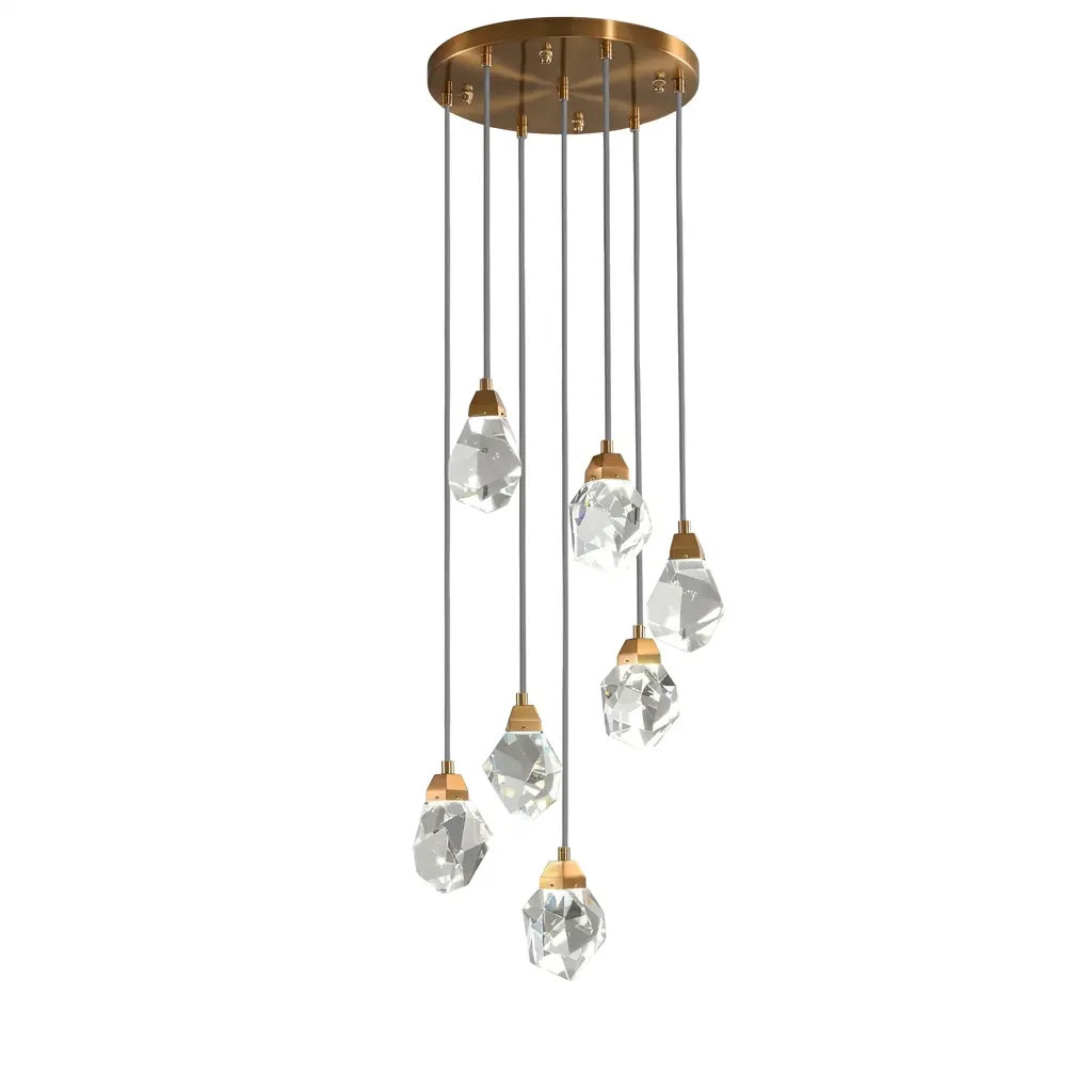 Lustre 7 lampes LED base artistique ronde doré et verre cristal 