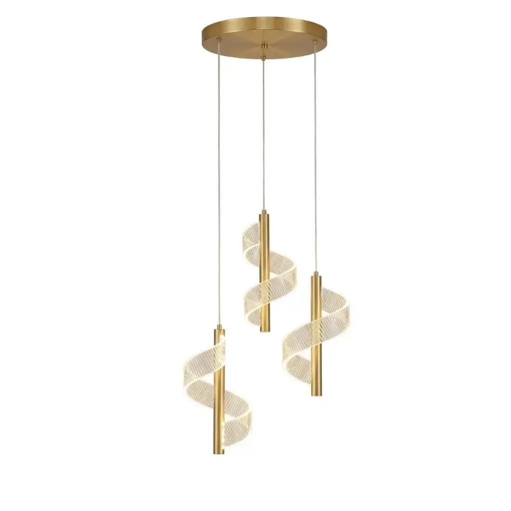 Lustre 3 lampes LED en métal doré ombrée acrylique spirale blanc 