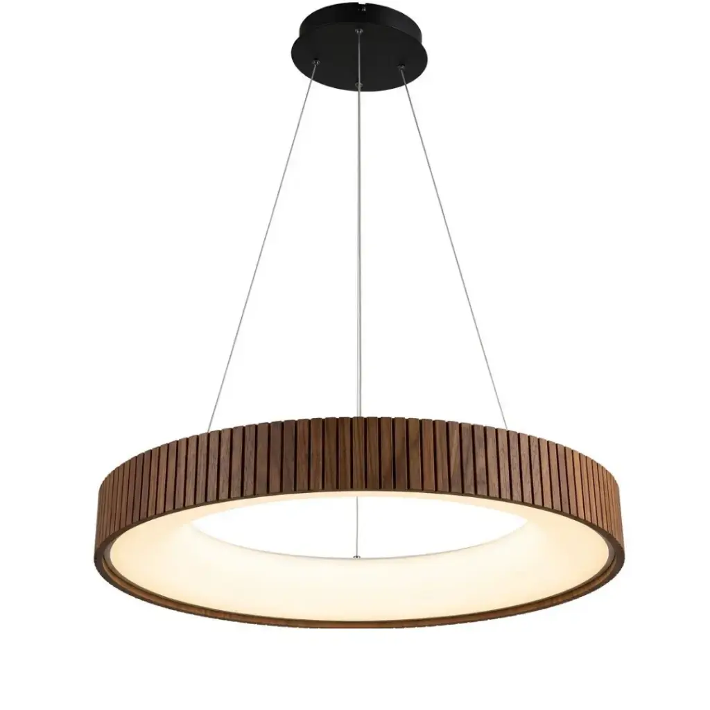 Suspension LED Amanda en métal base noir , aspect bois noyer