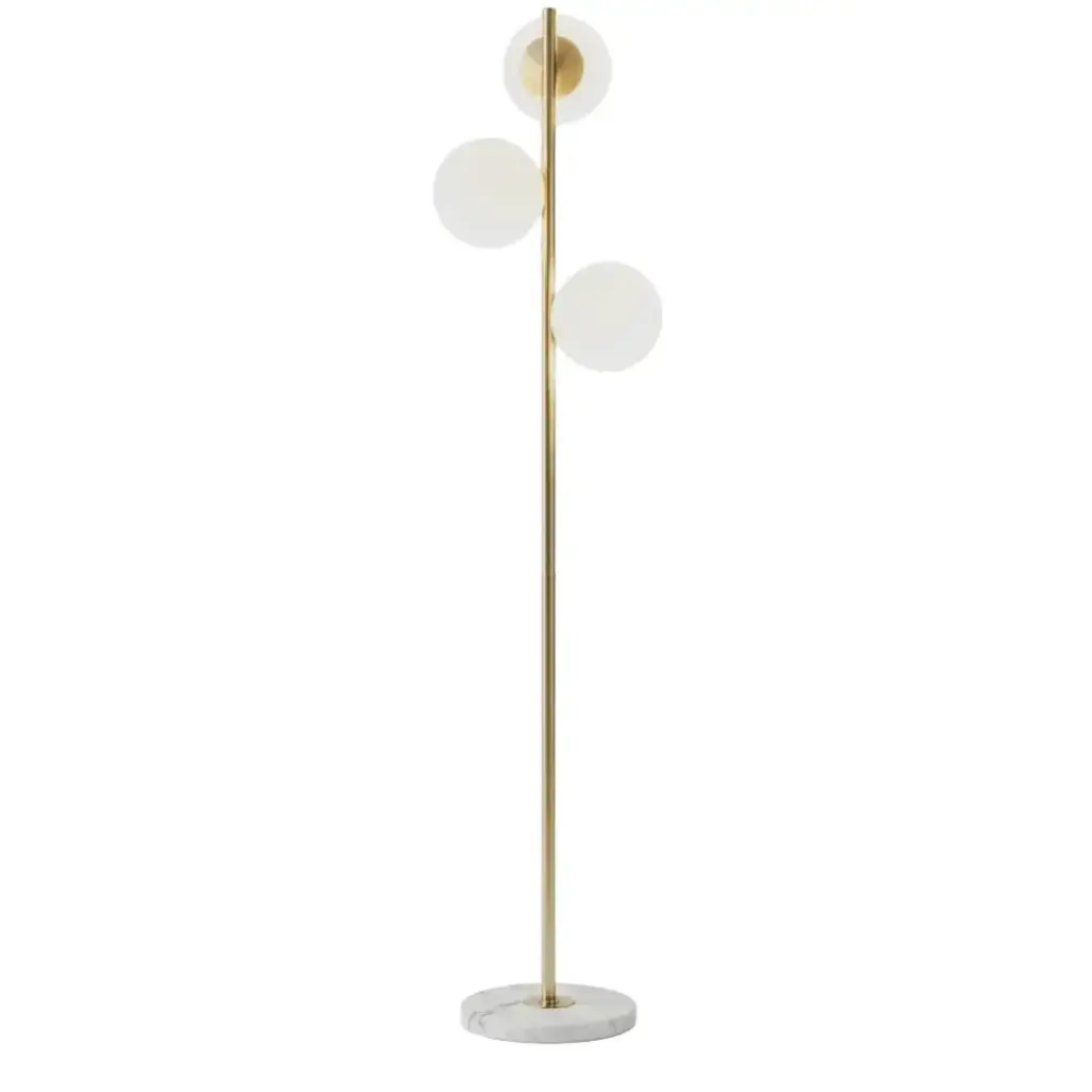 Lampadaire 3 globes marbre en métal doré et verre blanc 