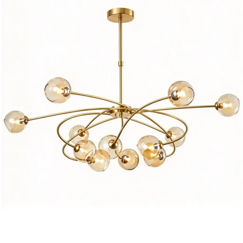Lustre 12 lampes Audrey en métal doré et verre ambré 