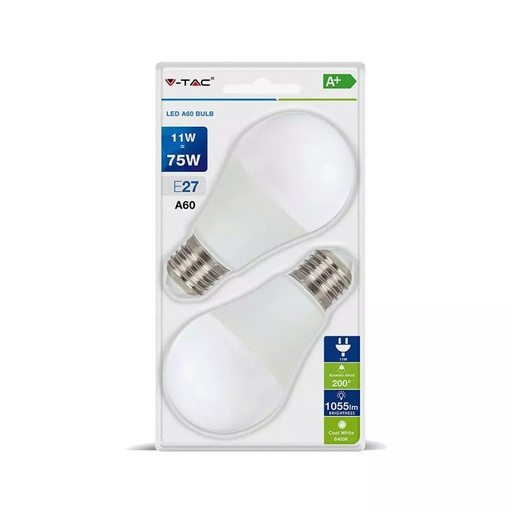 Pack de 2 ampoules LED A60 E27 11W Lumière blanche Froide