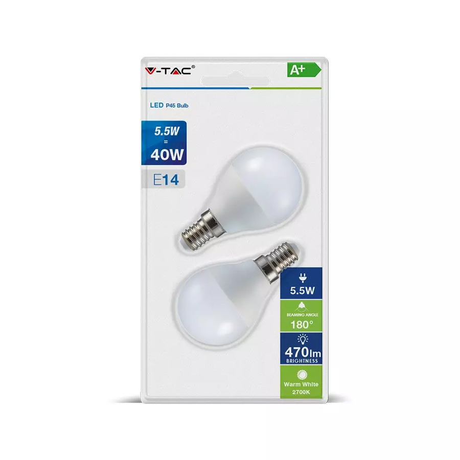Pack de 2 ampoules LED P45 E14 5.5W Lumière blanche Naturelle